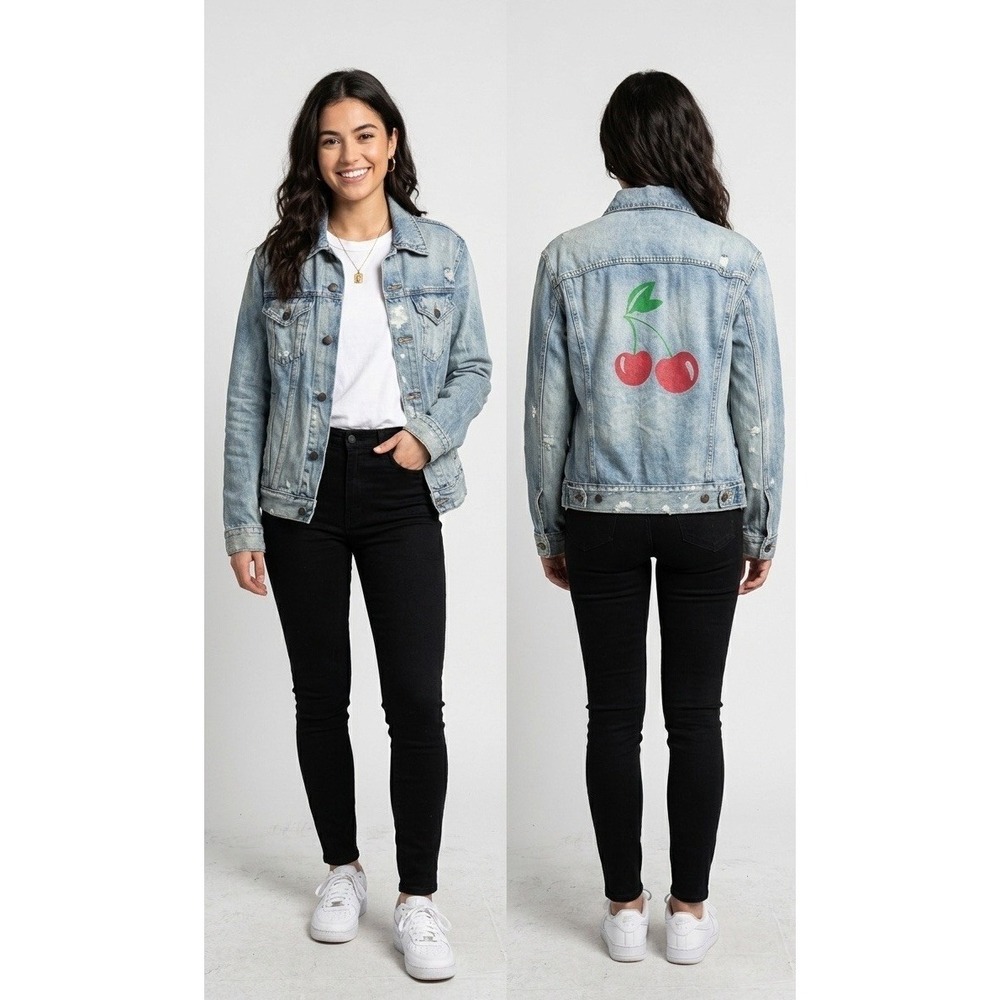 Vintage ABLE  Women's Blue Denim Jacket Distressed Cherry Graphic‎ Logo Size S